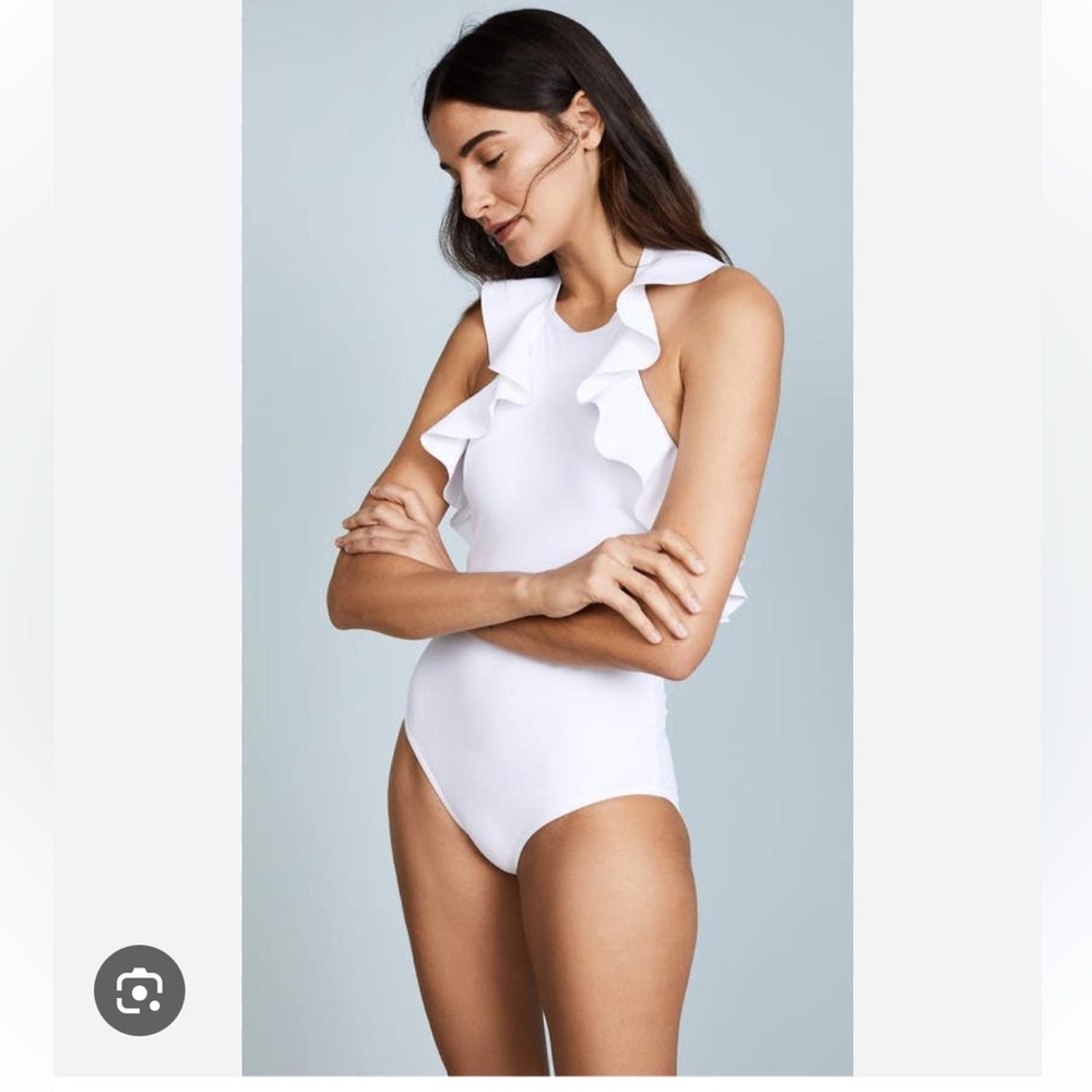 Karla Colletto White Zaha High Neck Ruffle One Piece Swimsuit